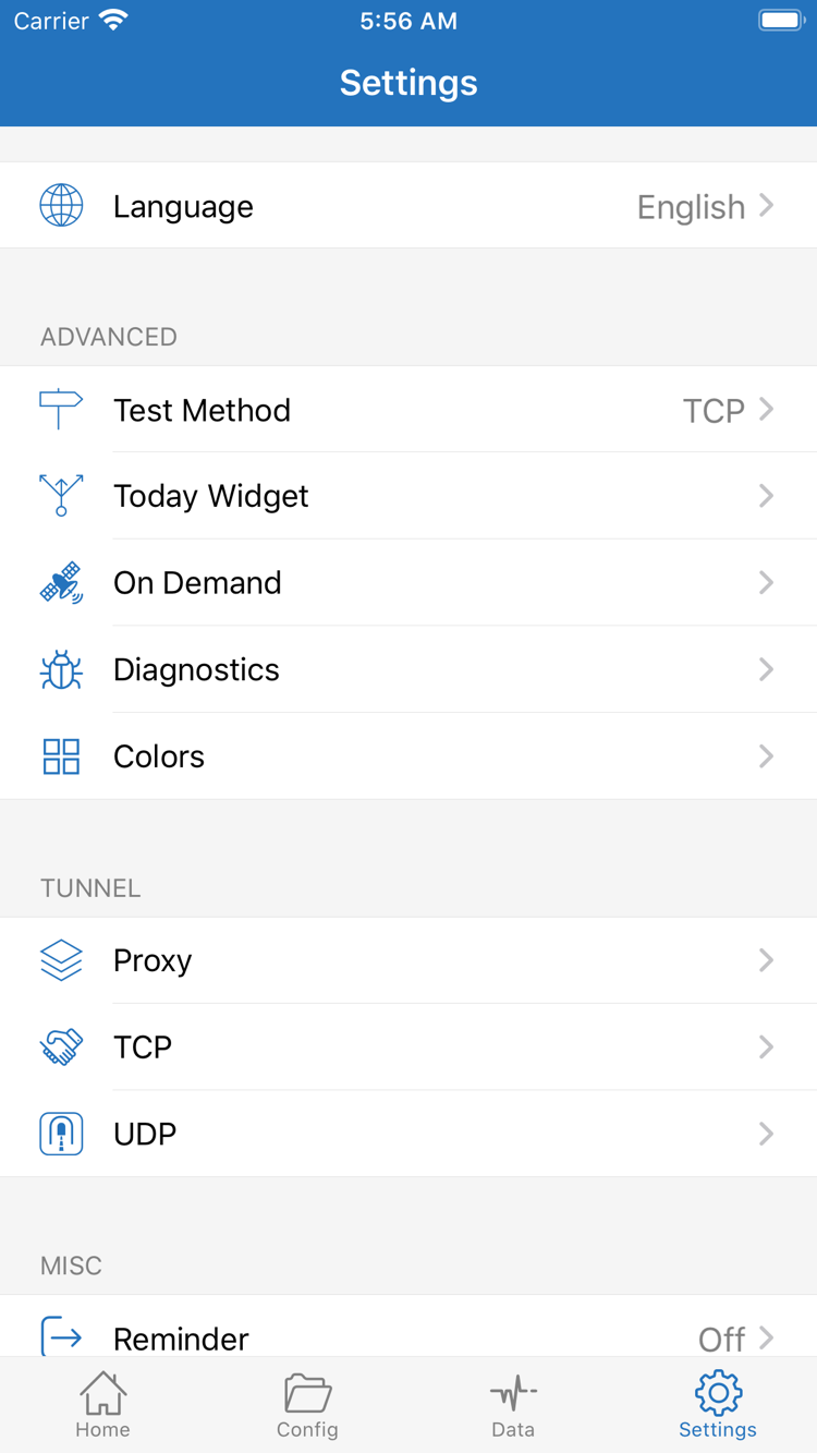 Shadowrocket Settings 頁面，包含 Language、Test Method、On Demand、Diagnostics、Proxy、TCP 與 UDP 選項