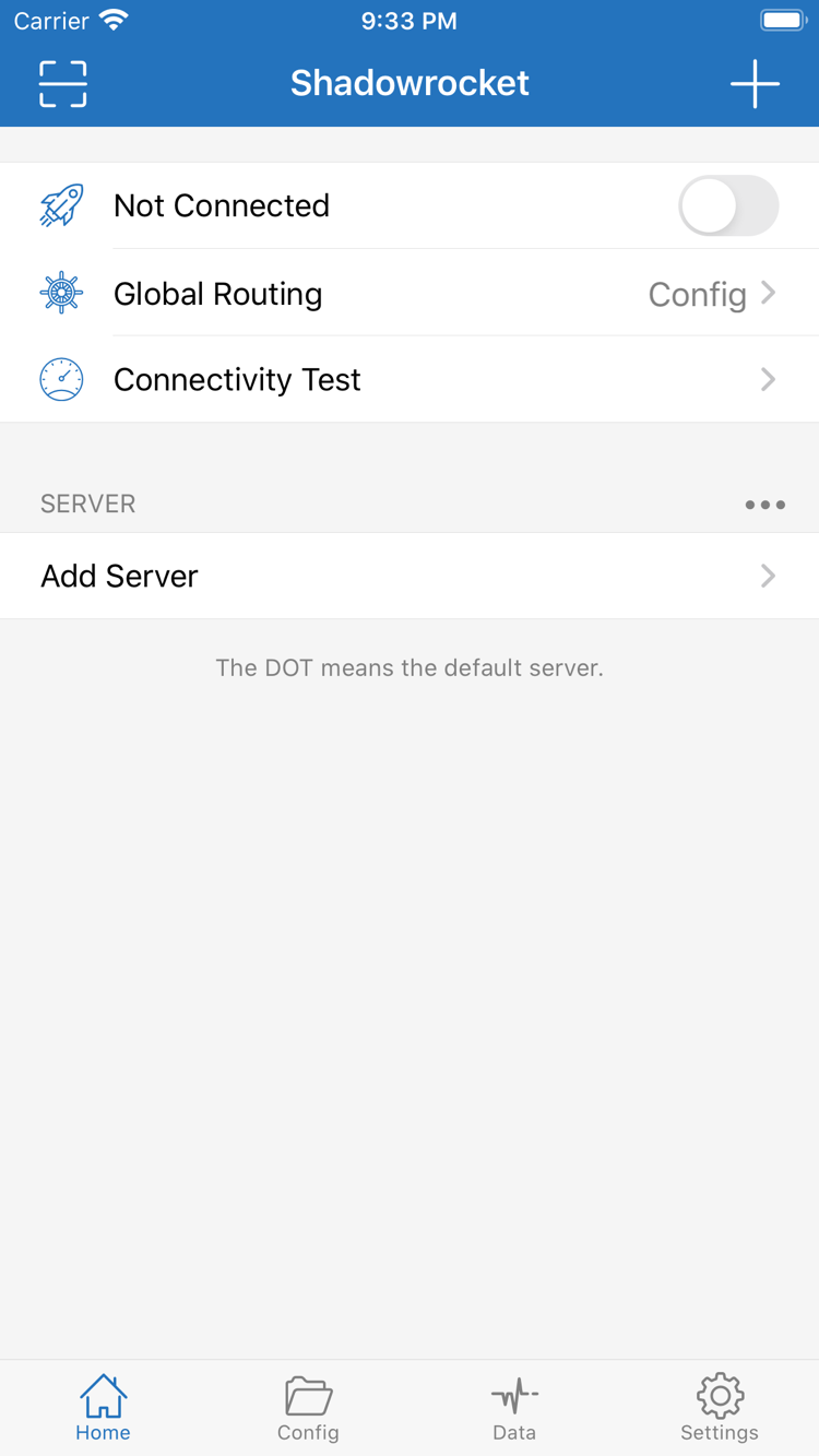 Shadowrocket 官方 Home 截圖，顯示連線開關、Global Routing 與伺服器列表