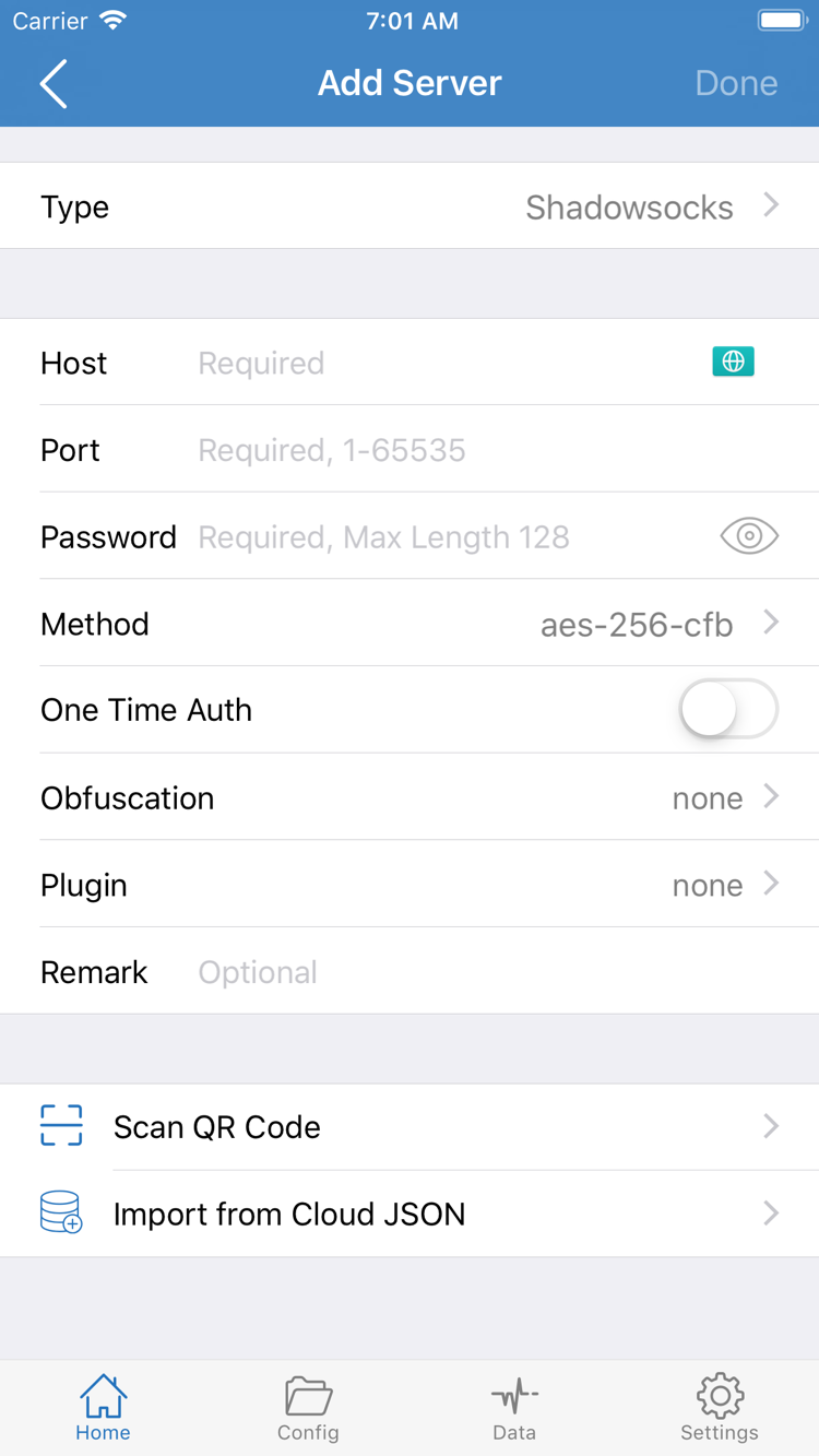 Shadowrocket Add Server 頁面，包含 Type、Host、Port、Password、Method 與匯入入口